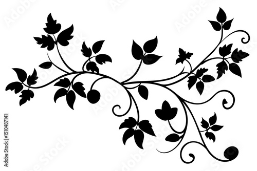 Elegant Monochrome Botanical Silhouette with Flowing Leaf Branches and Intricate Floral Motifs