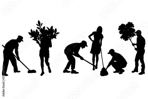Black and White Vector Silhouettes of Gardeners and Landscapers in Outdoor Activities