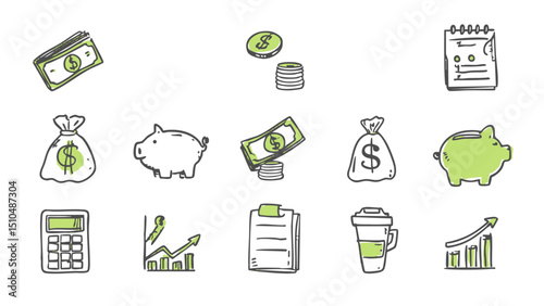 Hand drawn finance icons for investment growth and digital business strategy