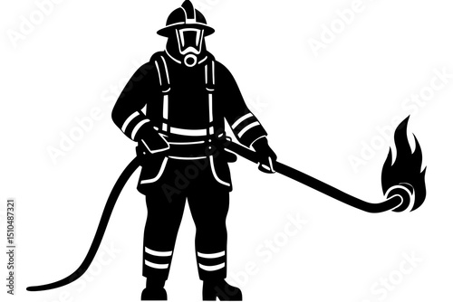 Black and White Silhouette of a Firefighter in Protective Uniform Battling Flames