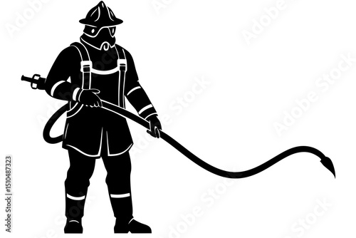 Black and White Silhouette of a Firefighter in Protective Uniform Battling Flames
