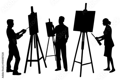 Silhouettes of Artists Creating Art in a Studio, Painting and Sketching Together