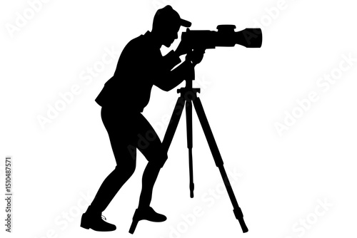 Minimalist Black and White Silhouette of a Photographer with Camera on Tripod Under Dramatic Lighting