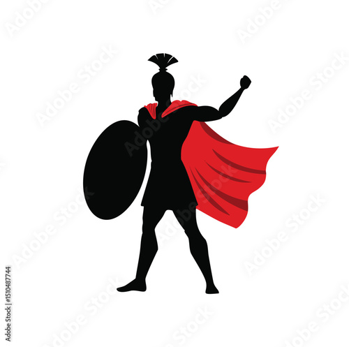 Mighty spartan warrior silhouette red cape shield