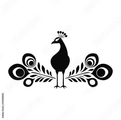 Elegant black peacock silhouette with stylized feathers