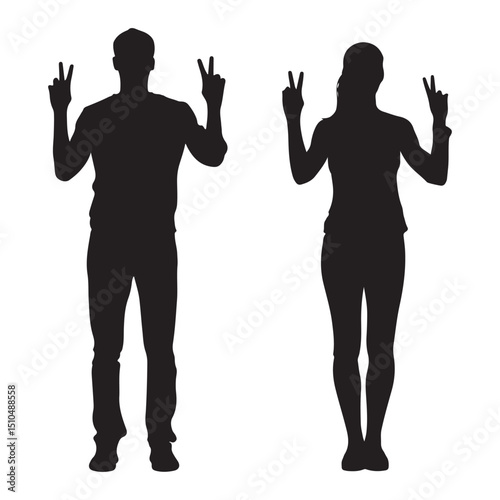 Man and woman silhouette doing peace sign vector illustration art