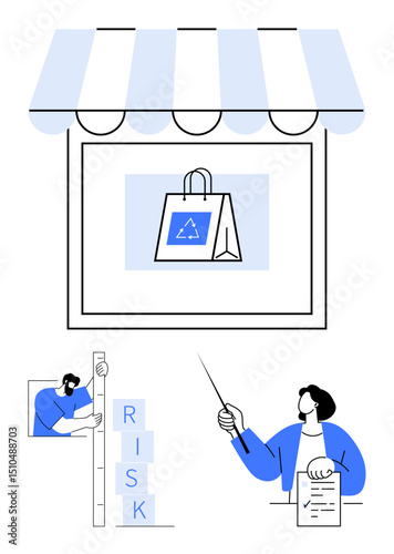 Shopfront promoting eco-friendly packaging, man analyzing stacked risk blocks, professional pointing to document. Ideal for sustainability, retail, risk management, strategy, analysis, growth simple
