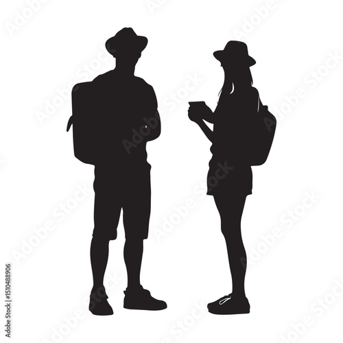 Silhouette of tourist couple with backpacks planning travel vacation
