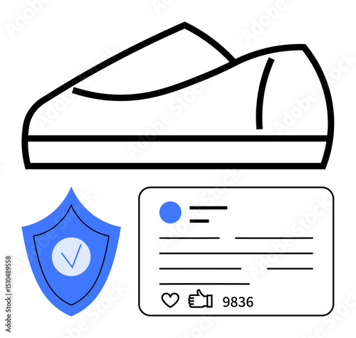 Minimalistic sneaker sketch, verified shield badge, and engagement card with thumbs ups. Ideal for branding, social media marketing, e-commerce, product authenticity, sneaker culture, security
