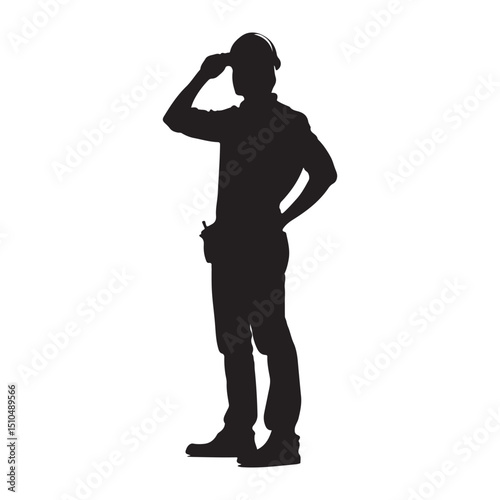 Silhouette of construction worker with hard hat and tool belt vector