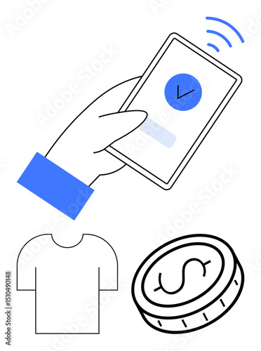 Hand holding smartphone with payment confirmation, coin, and t-shirt icons. Ideal for e-commerce, contactless payment, retail, mobile banking, finance, technology and simple landing page