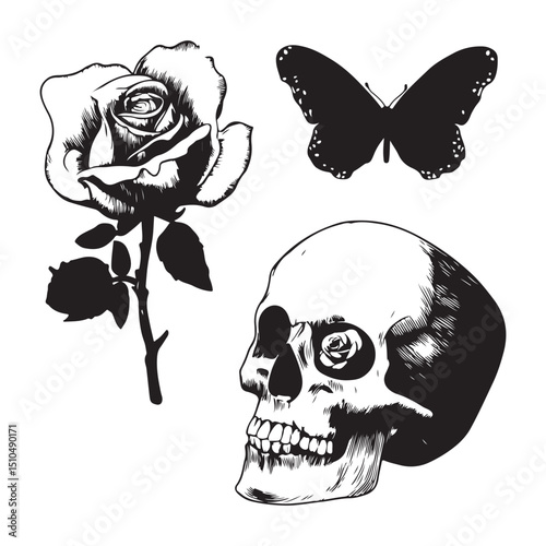 Skull rose butterfly tattoo design black and white vector illustration silhouette