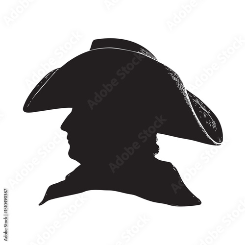 Black silhouette of Colonial hat, centered on plain white background