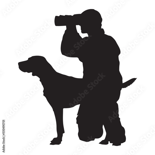Silhouette of bird watcher with dog using binoculars for birding trip