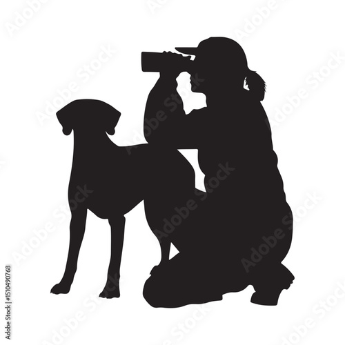Silhouette of woman with binoculars and dog watching wildlife outdoor