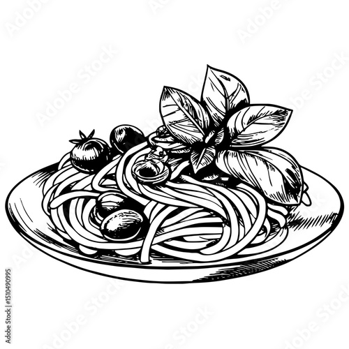 Hand-drawn spaghetti with olives and basil on a plate  