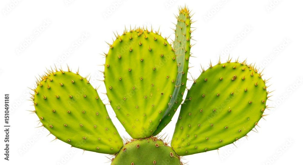 Close up of a green prickly pear cactus against a plain white background Close up of a green prickly pear cactus against a plain white background