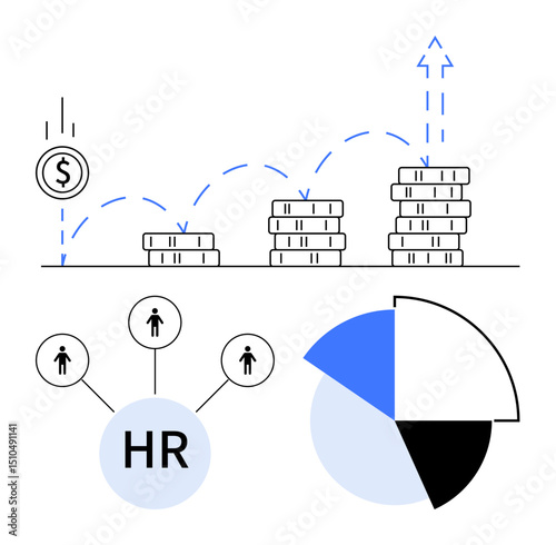 Coin stacks increasing with upward arrow, HR connections linking individuals, pie chart. Ideal for business success, career growth, HR solutions, finance optimization, analysis, planning flat simple