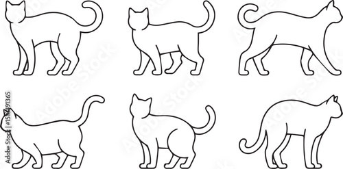 Six cat silhouettes line art set silhouette