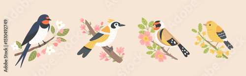 Cute illustrations of swallow, goldfinch, canary. Vector set of cartoon birds on branches with flowers on beige background. Spring blooming trees. Template for greeting cards.