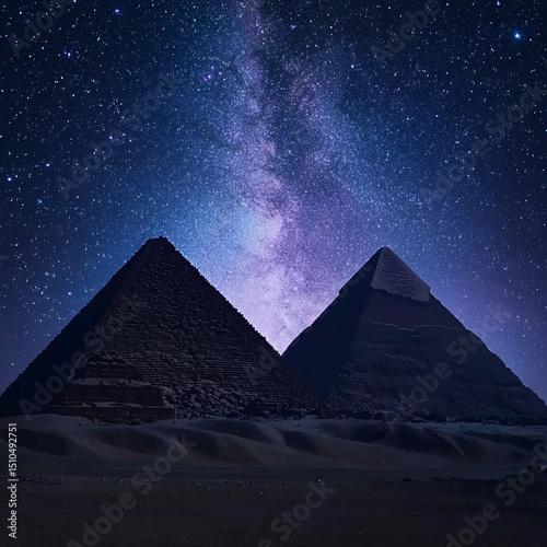 Two iconic pyramids in giza showcase the beauty of the night sky with a majestic milky way display.