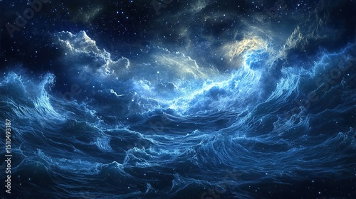 A dreamlike depiction of an enchanted cosmic ocean where the waves are made of stars.