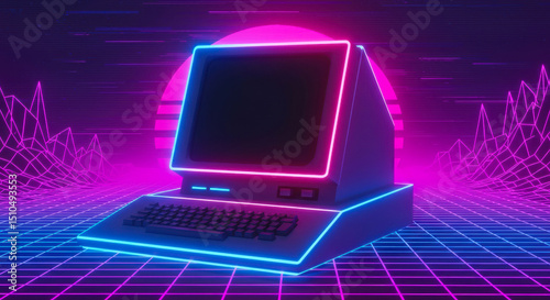 Retro-style computer with neon lights set against a vibrant grid landscape at night