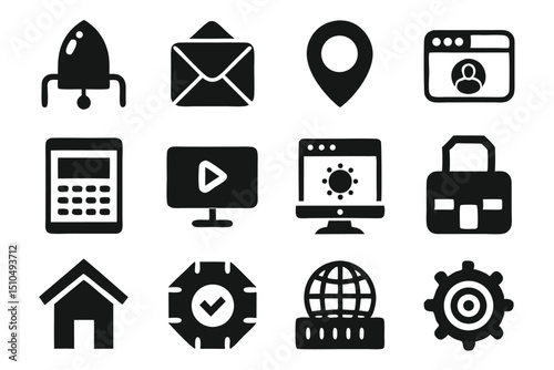 Set of black and white icon elements representing various communication and technology concepts