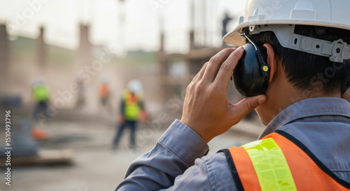 Construction worker wearing ear protection at a busy construction site during daylight hours