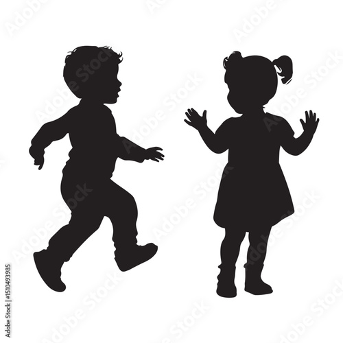 Children silhouette vector, toddler playing, kids running and standing