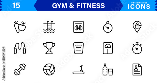 Modern Gym and Fitness Icons Showcasing Dumbbells, Muscles, Routines, Bodybuilding, and Active Lifestyle in an SEO-Optimized Vector Format