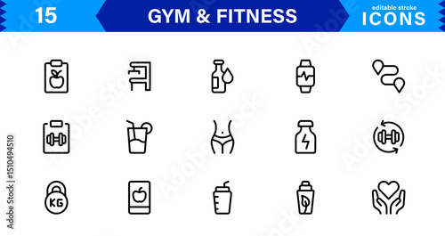 Modern Gym and Fitness Icons Showcasing Dumbbells, Muscles, Routines, Bodybuilding, and Active Lifestyle in an SEO-Optimized Vector Format