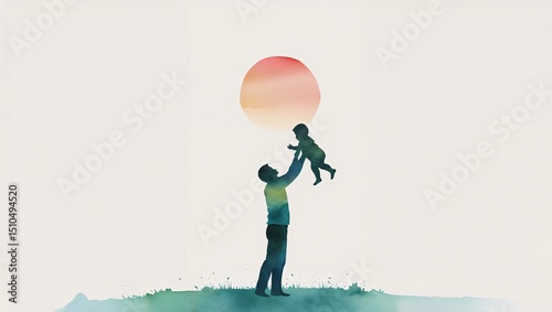 Minimal watercolor silhouette of father lifting baby into the sky, soft pastel tones, open white space around