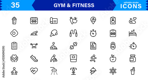 Modern Gym and Fitness Icons Showcasing Dumbbells, Muscles, Routines, Bodybuilding, and Active Lifestyle in an SEO-Optimized Vector Format
