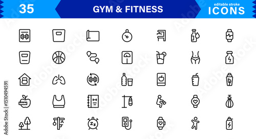 Modern Gym and Fitness Icons Showcasing Dumbbells, Muscles, Routines, Bodybuilding, and Active Lifestyle in an SEO-Optimized Vector Format