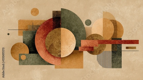 Geometric abstract composition in earth tones, combining hand drawn textures with digital precision, bohemian style, suitable for book cover or poster design.