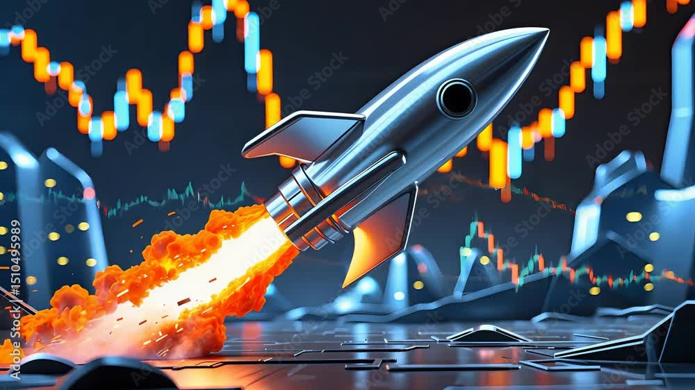 Metallic rocket launching with fiery thrust among stock market charts and financial graphs in a futuristic digital investment environment

