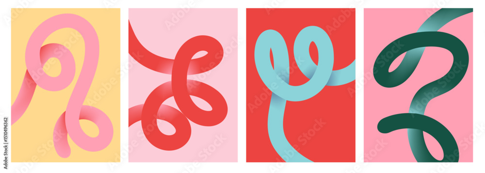 Collection of Gradient Colorful Wavy Lines Minimalist Poster Backgrounds. Modern Abstract Art Template Set Design