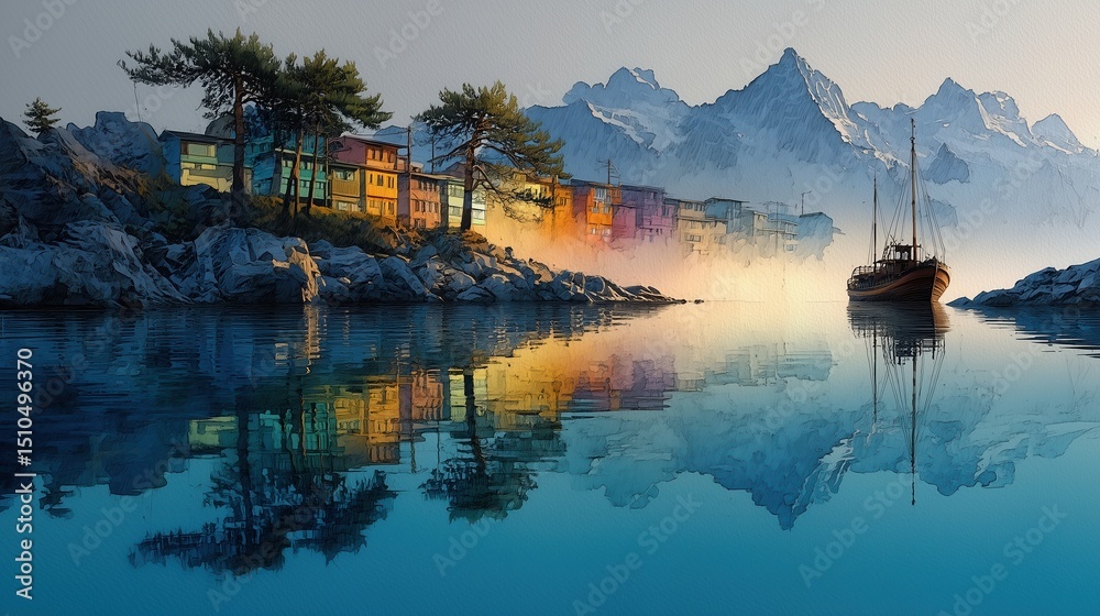 Obraz premium Watercolor Painting of a Colorful Mountain Village and Sailboat Reflection in Lake