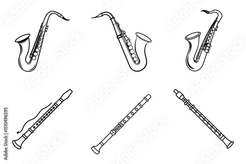 Set of musical instrument flute, saxophone line art vector illustration on white background.