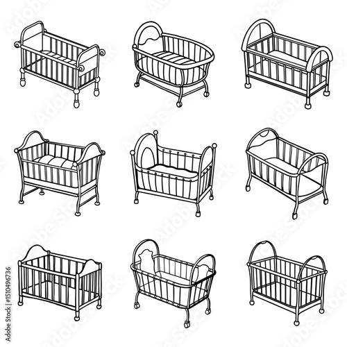 Set of baby cot line art vector illustration on white background.