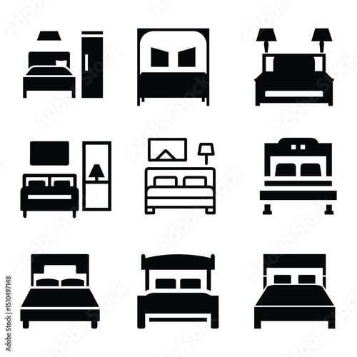 Set of black bedroom icon vector illustration on white background.