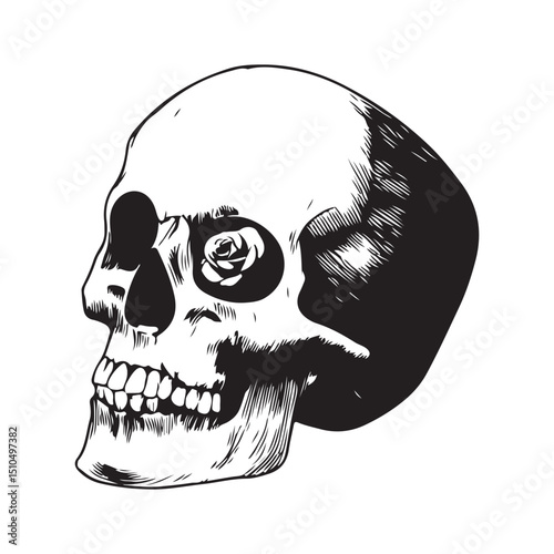 Skull with rose eye drawing vector illustration death and beauty art silhouette