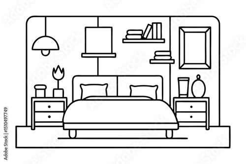  Set of cozy bedroom linear interior scene with lamp, flowers, bed line art vector illustration on white background.