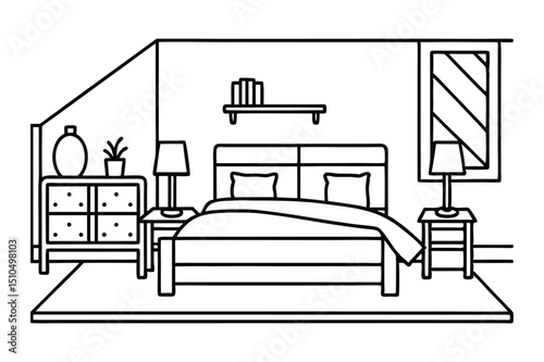  Set of cozy bedroom linear interior scene with lamp, flowers, bed line art vector illustration on white background.
