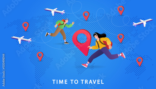 Traveling Around the World. Air Transportation Concept. Travel by Airplane. World Map and Earth Globe Design with Plane Flying Intercontinental Routes to Various Destinations