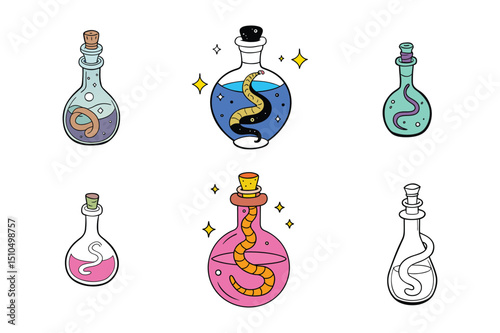 Set of hand drawn cute glass potion bottle vector illustration on white background.