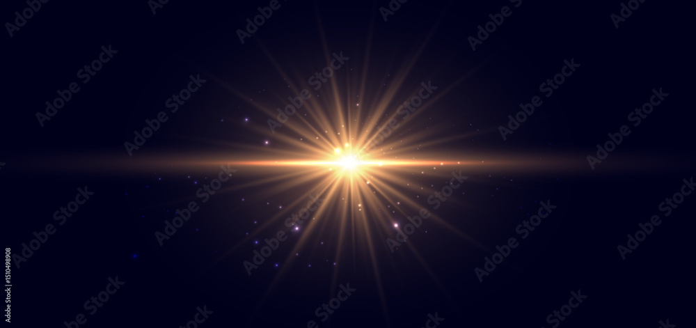 Golden glowing light effect on dark background. Luxury glod neon light ray.