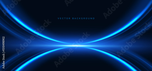 Abstact blue curved rays glowing on dark blue background.