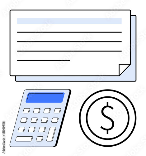 Paper check, calculator with digital screen, dollar icon represent finance, budgeting, or payments. Ideal for accounting, bookkeeping, banking, taxation expense tracking personal finance simple